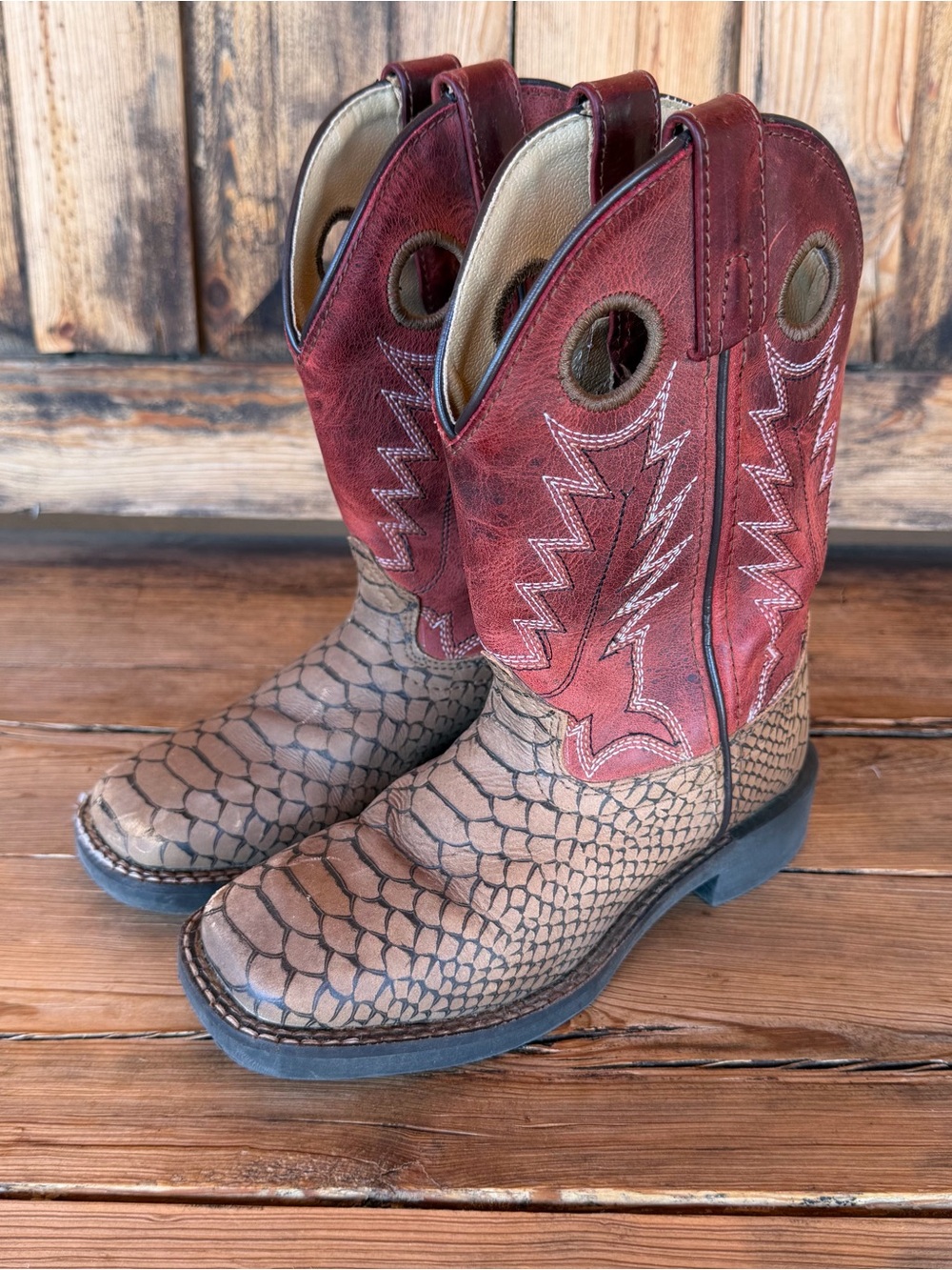 Kids Smoky Mountain Viper Print Sq Toe Western Boot 3072C Red/Brown Size 12.5